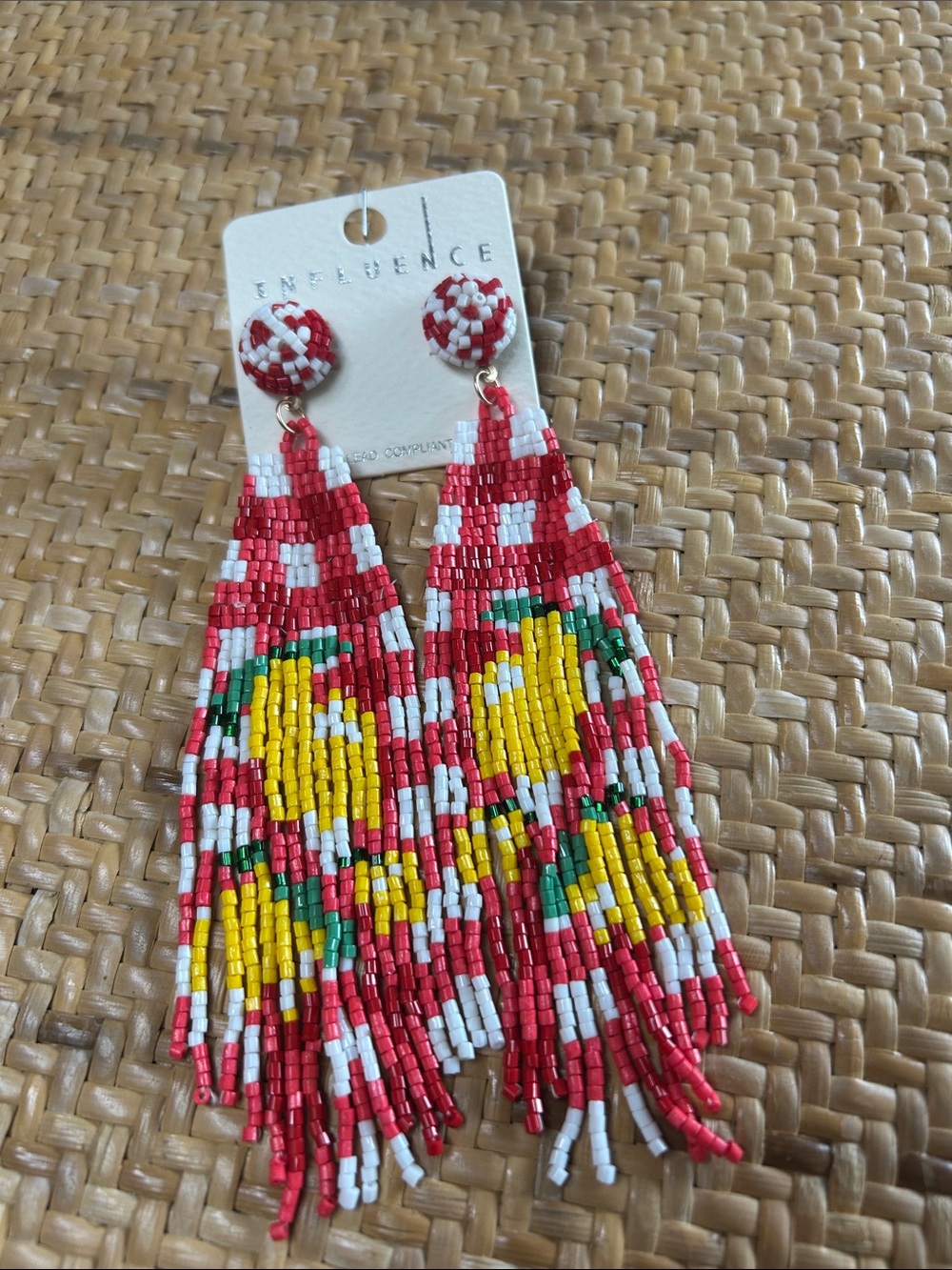Embroidered Red Beaded Fringe Earrings with Yellow Floral Motif by Influence